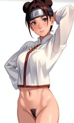 1girls ai_generated arm_behind_head arm_up bare_legs bare_midriff bare_thighs bottomless bottomless_female breasts brown_eyes brown_hair chinese_clothes clothed_female clothing curvaceous curvy curvy_figure double_bun female female_only female_pubic_hair hair_bun headband high_resolution kamisamauki konohagakure_symbol kunoichi legs_together light-skinned_female light_skin midriff nai_diffusion naruto naruto_(series) naruto_shippuden ninja no_panties one_arm_up partially_clothed petite pose posing pubic_hair pussy shirt solo solo_focus stable_diffusion stray_pubic_hair tenten twin_buns uncensored wide_hips