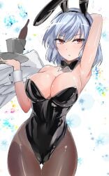 alcohol animal_ears armpits bare_arms bare_shoulders blush bow bowtie breasts cameltoe cleavage female highres kishin_sagume leotard lips looking_at_viewer one-hour_drawing_challenge pantyhose playboy_bunny rabbit_ears sagume_kishin shiny_skin single_wing solo thighs touhou white_hair wings y2