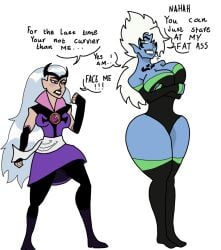 2girls alien alien_girl alien_humanoid aystrid ben_10 ben_10_alien_force ben_tennyson black_outfit blue_body blue_skin breast_squish breasts breasts_bigger_than_head charmcaster english_text female female_only flame_daddy69 gender_transformation genderbent genderswap_(mtf) green_eyes multiple_girls omnitrix pointy_ears rule_63 tattoo text white_background white_hair