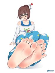 barefoot blush brown_hair feet foot_fetish foot_focus glasses looking_at_viewer lululewd mei_(overwatch) open_mouth overwatch soles toes