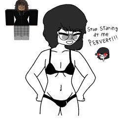 1futa 1girls blush bra bulge bulge_through_clothing clothed clothing dialogue dickgirl drawn embarassed english_text flat_chest flat_chested futanari glasses heart-shaped_pupils human monochrome mostly_nude panties reference_image roblox roblox_avatar robloxian self_upload siouxsie skinny standing staring text underwear