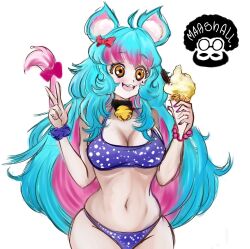 bikini chessivt cleavage front_view holding_object ice_cream latam_virtual_youtuber light-skinned_female light_skin long_hair mole mole_under_eye mouse_ears mouse_girl mouse_tail mrgarts orange_eyes owozu pink_hair simple_background sky_blue_hair standing swimsuit two_tone_hair virtual_youtuber vtuber vtuberfanart white_hair