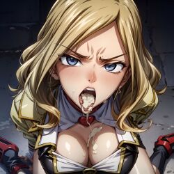 1girls after_fellatio after_oral ai_generated angry angry_face arbitrary blonde_hair blue_eyes cleavage code_geass cum cum_dripping_from_mouth cum_in_mouth cum_on_breasts hi_res large_breasts milly_ashford open_mouth oral_creampie stable_diffusion tongue_out