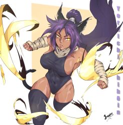 1girls athletic_female bare_shoulders bare_thighs big_breasts bitethebull bleach cat_ears catgirl color dark-skinned_female dark_skin female female_focus female_only fit_female hi_res kemonomimi large_breasts long_hair mature_female purple_hair shihouin_yoruichi solo solo_female stockings tagme thick_thighs yellow_eyes