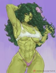 1girls abs big_breasts big_hair crop_top curly_hair curvy curvy_female female female_only green-skinned_female green_body green_eyes green_hair green_skin hairbrush hi_res high_resolution hourglass_figure hulk_(series) large_breasts long_hair looking_at_viewer marvel marvel_comics muscular muscular_female nipple_bulge panties patreon_username pokies she-hulk simple_background solo tezy8art thick_thighs thong very_high_resolution visible_nipples