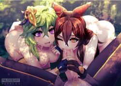 1boy 2girls aether_(genshin_impact) amber_(genshin_impact) blowjob collaborative_fellatio collei_(genshin_impact) cum dick_sucking eye_contact fellatio female genshin_impact in_the_woods one_eye_closed oral phloxberry pov sharing tagme