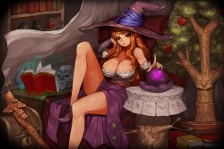 1girls 2014 arm_sleeves bent_leg big_breasts cleavage detailed_background dragon's_crown dress female female_only female_solo gurimjang hi_res leaning_on_elbow long_hair looking_at_viewer orange_hair red_eyes sitting solo solo_female sorceress_(dragon's_crown) witch_hat