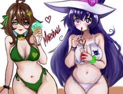 2girls big_breasts bikini blush brown_hair cleavage drinking eternals_(idol_corp) female_focus female_only hat heterochromia holding_object ice_cream idol_corp idol_es indie_virtual_youtuber latam_virtual_youtuber light-skinned_female light_skin long_hair looking_at_viewer mai_noboshi meica mrgarts purple_eyes purple_hair short_hair simple_background sitting swimsuit virtual_youtuber vjin vtuber vtuberfanart white_background