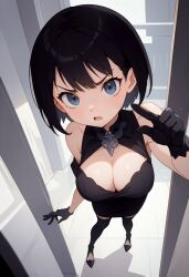 ai_generated angry angry_face blue_eyes breasts breasts_focus cleavage door doorway dress forced_perspective goth goth_girl jorgecarlosai open_mouth perspective pointing pov sexy_dress