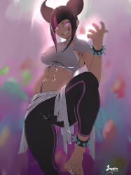 1girls abs asian asian_female big_breasts bitethebull black_hair feet female female_focus female_only glowing_eyes hi_res juri_han large_breasts leg_up light-skinned_female light_skin long_hair muscles muscular muscular_female purple_eyes solo solo_female street_fighter tagme thick_thighs