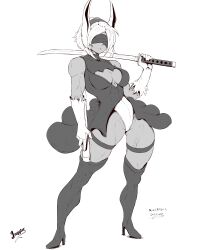 1girls abs big_breasts bitethebull black_and_white bunny_ears bunny_girl clothed clothing cosplay female female_focus female_only hi_res large_breasts long_hair miruko muscular muscular_female my_hero_academia nier:_automata red_eyes rumi_usagiyama solo solo_female superheroine sword thick_thighs white_hair yorha_2b_(cosplay)