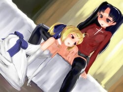 2girls after_cunnilingus ahoge artoria_pendragon artoria_pendragon_(saber) bare_shoulders bed black_hair black_legwear black_pantyhose black_socks black_thighhighs blonde blonde_female blonde_hair blonde_hair_female blue_eyes blue_hairbow blush blushed blushing blushing_female bottomless brown_eyes choker cross crouch crouching crouching_female cunnilingus cute dress dutch_angle elbow_gloves fate/stay_night fate/unlimited_blade_works fate_(series) female female_only femdom flat_chest floor gasketsu gloves hair_bow hair_ribbon highres human kneeling kneeling_on_floor kneeling_on_ground kneeling_oral_position lesbian lesbian_sex lesbians lick licking licking_pussy licking_vagina long_hair long_hair_female looking_down mammal multiple_girls no_panties old_art open_mouth oral pantyhose ponytail pussy pussy_lick pussy_licking red_sweatshirt ribbon saber saliva saliva_trail shirt sitting sitting_on_bed skirt small_breasts smile socks spread_legs spreading spreading_pussy spreading_vagina squatting straight_hair thigh_socks thighhighs tied_hair tohsaka_rin twintails type-moon uncensored vagina wedding_dress white_dress white_shirt white_skirt yellow_hair yuri