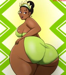 1girls 2024 black_hair blaze_(artist) brown_eyes bun_hair clothed_female colored dark-skinned_female dark_skin disney disney_princess female female_only giant_ass giant_butt green_bra green_panties hair_bun looking_back non_nude patreon rear_view red_lipstick smile solo_female the_princess_and_the_frog thick_thighs tiana tiara