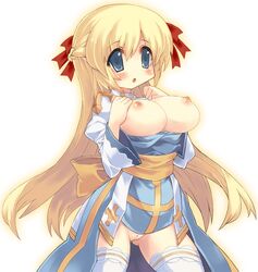 blonde_hair blue_eyes blush breasts breasts_out fat_mons female large_breasts long_hair nipples no_panties pointy_chin pussy ragnarok_online shirt_pull simple_background solo thighhighs tsuderou uncensored