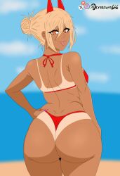 beach big_ass bikini blonde_hair chainsaw_man dcreature666 gyaru hair_bun hand_on_hip looking_at_viewer makeup nails power_(chainsaw_man) small_breasts tan_skin tanline tongue tongue_out