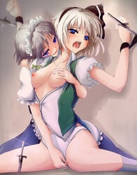 blue_eyes blush bondage breasts dot_r embrace eyeshadow female female_only femdom fingering hair hairband knife looking_at_viewer maid_headdress makeup multiple_girls naughty_face nipple_tweak nipples no_pants no_visible_genitalia open_clothes open_mouth open_shirt orgasm panties pussy_juice sakuya_izayoi saliva shirt short_hair silver_hair straight_hair through_panties throwing_knife touhou underwear weapon white_hair youmu_konpaku yuri