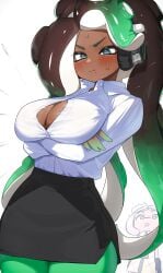 2girls black_skirt blush breasts brown_hair cleavage clothed collared_shirt crossed_arms dark-skinned_female dark_skin dress_shirt embarrassed female gradient_hair green_hair green_pantyhose headphones hi_res high_resolution highres hizake horny huge_breasts inkling kashu_(hizake) large_breasts long_hair long_sleeves marina_(splatoon) mole mole_under_mouth multicolored_hair multiple_girls naughty_face nintendo octoling office_lady pantyhose parted_bangs pearl_(splatoon) pencil_skirt popped_button pout shirt skirt solo_focus splatoon splatoon_(series) splatoon_2 straining_buttons suction_cups tentacle_hair wardrobe_malfunction white_shirt