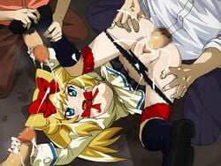 1girls 3boys anyamal_tantei_kirumin_zoo black_panties blonde_hair blue_eyes bow bukkake censored cum cum_in_pussy cum_inside double_handjob ejaculation female flat_chest gangbang group group_sex hair_ribbon hairbow handjob hatori_kanon lolita_channel lying male mosaic mosaic_censoring multiple_penises nipples on_back panties penis ribbon sex straight thighhighs underwear vaginal_penetration