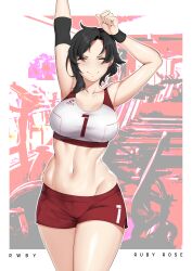 1girls black_hair black_hair_female gym gym_clothes gym_shorts gym_uniform lulu-chan92 ruby_rose rwby stomach stretching