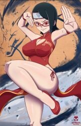 1girls armwear big_breasts black_hair boruto:_naruto_next_generations breasts chinese_clothes chinese_dress cleavage dress eyewear female female_only footwear glasses hair headwear high_heels huge_breasts legs naruto naruto_(series) nightmare_hdraw pose posing red_dress red_eyes red_glasses sarada_uchiha solo solo_female thick_thighs thighs year_of_the_dragon