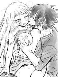 1boy 1boy1girl 1girls black_and_white blush greyscale large_breasts licking licking_face maplum my_hero_academia nejire_hado pointy_ears shirt_lift steam steaming_body tamaki_amajiki