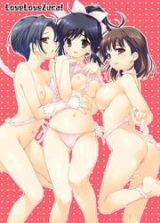 anegasaki_nene ass barefoot black_hair blush breasts brown_eyes brown_hair female female_only gloves hair_ribbon hands human kobayakawa_rinko lingerie love_plus multiple_girls nipples nude ribbon santa_maria santa_matsuri shirt_lift straight_hair takane_manaka underwear yuri