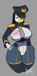 absurd_res anthro avian bird black_hair blue_eyes bodysuit chevron_(marking) clothing dark_hair eyewear famwammer female garter_straps hair hi_res kage_(famwammer) legwear leotard markings military military_uniform monocle necktie peaked_cap penguin skinsuit solo thigh_highs tight_clothing uniform wayesh