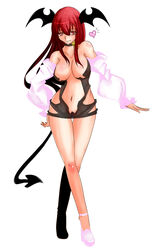 aoshima bare_shoulders bat_wings breasts choker colored crossed_legs demon_tail detached_sleeves female hair head_wings heart heels high_heels highres koakuma large_breasts legs long_hair looking_at_viewer midriff nipples pussy red_eyes red_hair see-through smile solo standing straight_hair succubus tail the_embodiment_of_scarlet_devil thigh_gap touhou uncensored white_background wings