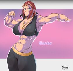 1girls abs bare_arms bare_shoulders big_breasts bitethebull blue_eyes clothed clothing color female female_focus female_only glasses hi_res jewelry large_breasts long_hair marisa_rossetti muscles muscular muscular_arms muscular_female red_hair solo solo_female street_fighter street_fighter_6 thick_thighs