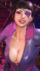 1girls 3d big_breasts bob_cut eye_patch female female_only fully_clothed inner_sideboob juri_han looking_at_viewer screenshot sf_screenshot slim_waist smiling smiling_at_viewer solo street street_fighter street_fighter_6 street_fighter_v tight_clothing