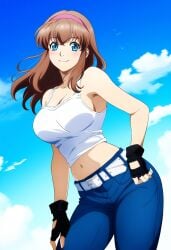 1girls accurate_art_style ai_generated alluring big_breasts blue_eyes brown_hair dead_or_alive dead_or_alive_xtreme_beach_volleyball doasuki fingerless_gloves hitomi_(doa) jeans posing tank_top tecmo