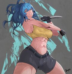 1girls abs bare_arms bare_legs bare_shoulders bitethebull blue_eyes blue_hair color female female_focus female_only hi_res king_of_fighters knife leona_heidern light-skinned_female light_skin long_hair looking_at_viewer muscular muscular_female solo solo_female thick_thighs weapon