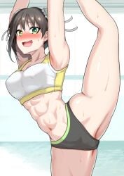 1girls abs absurd_res athletic_female black_hair blush bun_cover chinese_girl fate/grand_order fate_(series) fit_female flexible green_eyes harurukan hi_res light-skinned_female muscular_female navel one_leg_up qin_liangyu_(fate) smile stretching sweat