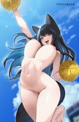 1girls animal_ears belly_button big_breasts black_hair black_hair_female blue_eyes blue_highlights bouncing_breasts cheering cheerleader clouds feet female_only jumping looking_at_viewer low-angle_view nipples nude nude_female oc original original_character painted_nails plane pom_poms pussy reiko_(tofuubear) shaved_crotch shaved_pussy smile tail tofuubear vagina wolf_ears wolf_girl wolf_tail