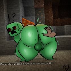 !? 2d ass ass_grab backsack balls bent_over big_ass black_sclera cave creeper digital_media_(artwork) disembodied_hand feral freckles freckles_on_ass green_body green_skin guywithdapen hand_on_butt hi_res looking_back male male_only minecraft motion_lines perineum rear_view red_eyes surprised sweatdrop text thick_thighs wide_eyed wide_hips