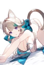 :o ai_generated all_fours ass_up bra breasts cat_ears cat_girl cat_humanoid catgirl cleavage female female_only genshin_impact grey_hair lingerie looking_at_viewer lynette_(genshin_impact) nonude open_mouth panties purple_eyes setsuaiart small_breasts stretching underwear