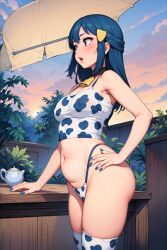 1girls ai_generated aioddity blue_eyes blue_hair breasts camisole covered_nipples cow_print cowbell dawn_(pokemon) female female_only hair_ornament hand_on_hip highleg long_hair looking_away nail_polish navel outdoors pokemon solo standing thighhighs thong