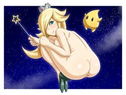 1girls anus aqua_eyes ass ass_focus blonde_hair breasts crown detailed_background female female_only footwear from_behind full_body hair hair_over_one_eye high_heels human leg_hug long_blonde_hair long_hair looking_at_viewer looking_back luma mario_(series) naked naked_female naked_footwear naked_heels naked_shoes nintendo nude nude_female outer_space pointy_chin princess_rosalina shikuta_maru shoes sideboob smile solo solo_focus space straight_hair super_mario_galaxy uncensored wand