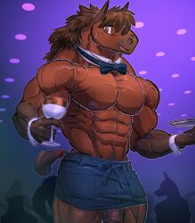 abs anthro biceps bodily_fluids clothed clothing cum cum_in_a_cup cum_in_container emoster equid equine genital_fluids genitals hi_res horse male mammal muscular muscular_male nightclub pecs penis solo sweat topless vein veiny_muscles