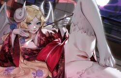 2024 animal_humanoid areola areola_slip asian_clothing biped blonde_eyebrows blonde_hair blue_eyes breasts claws cleavage clothed clothing dated digital_media_(artwork) dragon dragon_humanoid east_asian_clothing eyebrows eyelashes female genitals golub_lol hair hi_res hindpaw horn humanoid japanese_clothing kimono long_hair looking_at_viewer membrane_(anatomy) membranous_wings nova_(aatest137) paws pink_areola pink_pussy pussy red_clothing red_kimono scales shaded solo toe_claws wings