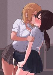 1futa 1girls blush cleavage cum cum_through_clothes duke_shiwa ejaculation erection erection_under_skirt futa_on_female futanari glasses hands-free kissing orgasm orgasm_from_kissing penis ponytail school_uniform schoolgirl shiwa_kou skirt tagme