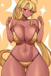 1girls big_breasts bikini bikini_top_pull blonde_hair dark-skinned_female dark_elf dark_skin elf elf_ears elf_female female female_only gold_bikini gurimjang hi_res long_hair looking_at_viewer nipple_bulge ponytail red_eyes smiling smiling_at_viewer solo thick_thighs thigh_gap