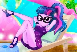 1girls 2022 big_breasts bottomless bottomless_dress bottomless_skirt charliexe dress equestria_girls female glasses hasbro heels human looking_at_viewer my_little_pony ponytail purple_clothing purple_dress purple_eyes purple_skin purple_skirt sci-twi smile solo two_tone_hair upskirt