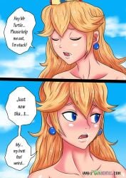 1girls big_ass big_breasts big_butt blonde_hair comic_page day female helpless jankingen mario_(series) nude outdoors princess_peach public public_nudity semen_in_mouth stuck super_mario_bros.