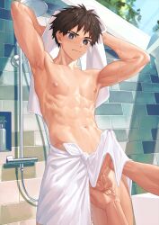 1boy 2boys abs black_hair blush closed_mouth day erection highres holding holding_towel male_focus multiple_boys navel nayoshi_(r-744) nipples original outdoors paid_reward_available penis short_hair sky solo solo_focus testicles toned toned_male towel towel_around_waist yaoi