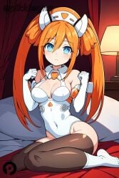 ai_generated bare_shoulders bed blue_eyes blush breasts cleavage covered_navel elbow_gloves female gloves hair_between_eyes leotard long_hair looking_at_viewer medium_breasts neptunia_(series) on_bed orange_hair orange_heart pikkiwynn power_symbol sitting solo symbol-shaped_pupils thighhighs twintails uzume_tennouboshi white_gloves white_leotard