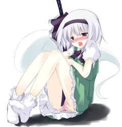 1girls anklehighs bare_legs blush clothed_masturbation clothing crotch_rub feet footwear frilled_legwear frilled_socks ghost hairband katana masturbating_with_weapon masturbation myon no_shoes panties pink_panties plus9 purple_eyes pussy_juice short_hair silver_hair socks solo straight_hair sword touhou underwear weapon wet_panties white_socks youmu_konpaku youmu_konpaku_(ghost)