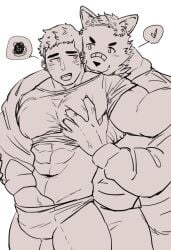 abs anthro big_dom_small_sub big_muscles big_pecs blush canid canine canis clothed clothing dominant dryu_22 duo fur hair hand_in_underwear heart hi_res holding_partner human human_on_anthro interspecies larger_anthro larger_male male male/male mammal molestation muscular muscular_anthro muscular_human muscular_male pec_grab pecs raised_clothing raised_shirt raised_topwear shirt size_difference smaller_human smaller_male topwear underwear wolf