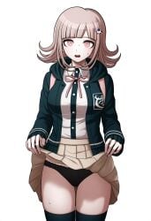 1girls ai_generated clothed clothed_female danganronpa danganronpa_2:_goodbye_despair facing_viewer female light-skinned light-skinned_female looking_at_viewer nanami_chiaki open_mouth pink_eyes skirt_lift solo solo_female standing sweaty upwing_bell white_background