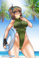 1girls bare_arms bare_legs bare_shoulders bare_thighs beach big_breasts blue_eyes blush brown_hair clothed clothing color eating erika_(living_with_hipstergirl_and_gamergirl) female female_focus female_only hi_res highleg ice_cream jago_dibuja large_breasts light-skinned_female light_skin living_with_hipstergirl_and_gamergirl long_hair looking_at_viewer one-piece_swimsuit sand sea solo solo_female swimwear tagme thick_thighs water